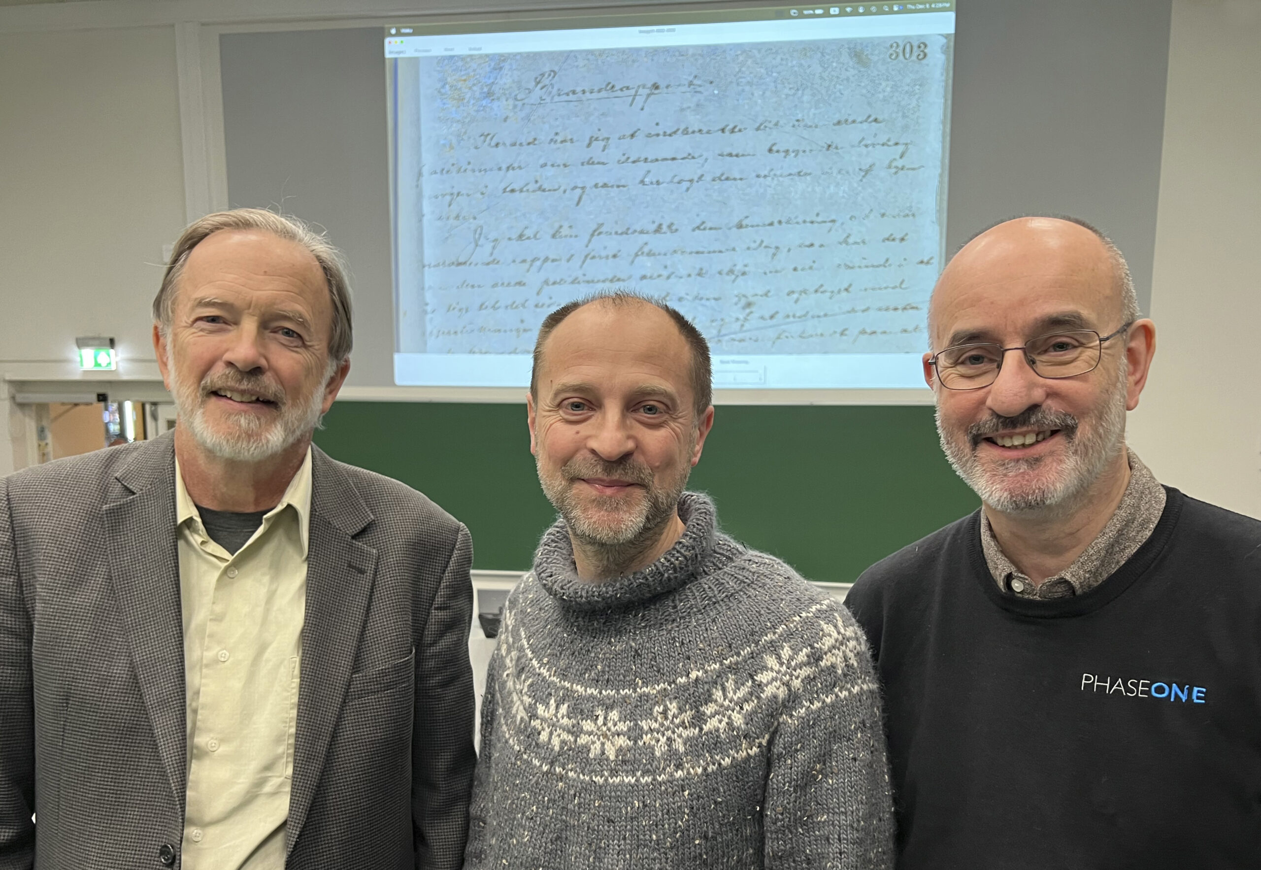 From left: Keith Knox, Early Manuscript Electronic Library (EMEL), Ottar A.B Anderson, Head of Photography at SEDAK hosted by Intermunicipal archives of Møre og Romsdal (IKAMR) and Eric Joakim, Senior Solutions Consultant at Phase One.